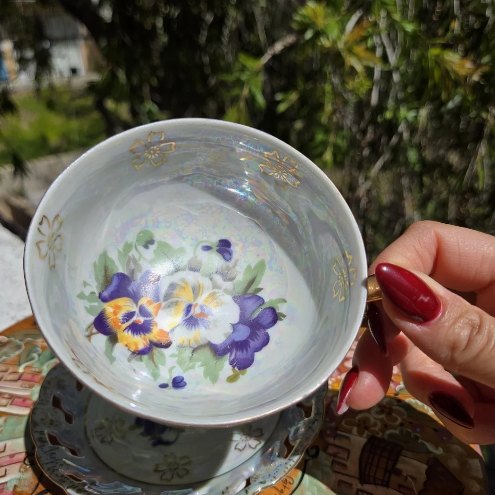 Vntg Lusterware‎ Footed Cup Pierced Saucer Gold trim B. P. Import Japan ART DECO